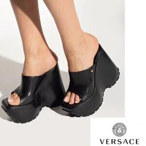 Authentic Versace Leather Platform Wedge Mules